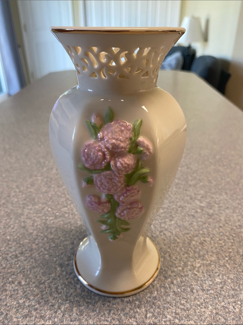 Lenox Cream Porcelain Vase with Pink Floral and Gold Trim 2001 Mother’s Day
